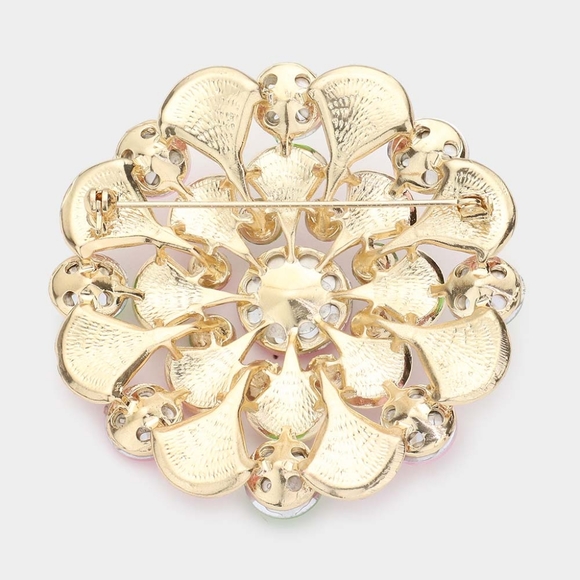 Gold Red Brooch Crystal Pin Bubble Stone Circle Style Rhinestones - Picture 2 of 2